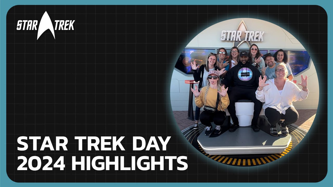 Star Trek Day 2024 Highlights thumbnail featuring a group of fans at the Chicago, Illinois activation seated on the captain's chair with their hands lifted in the Vulcan salute