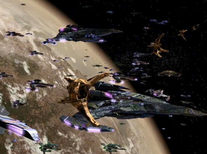 Close-up of a Jem'Hadar warship and the rest of the Dominion armada at the Battle of Cardassia in 'What You Leave Behind'