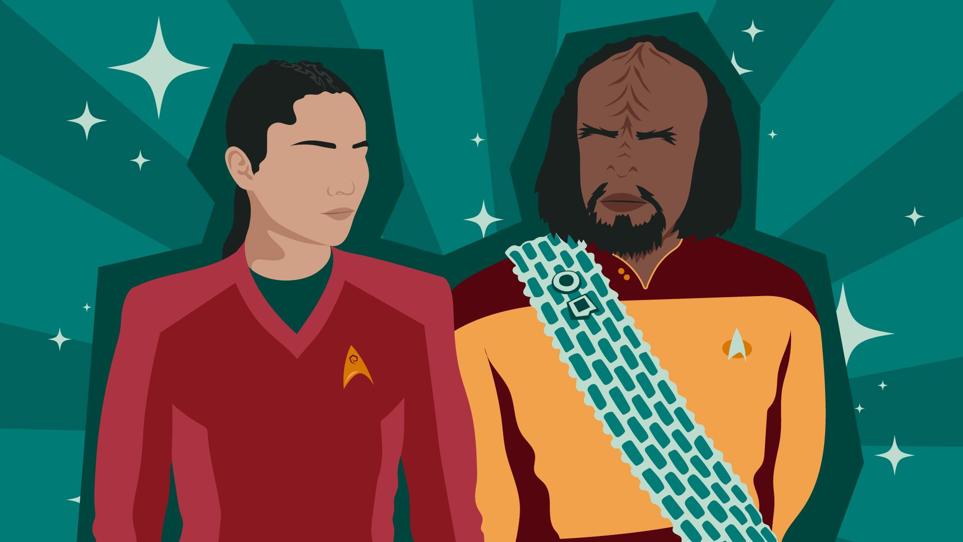 Illustration of La'An and Worf standing side by side with slight turn towards each other