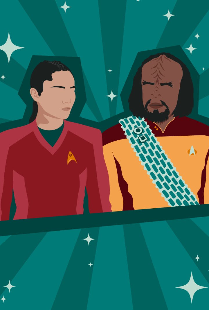 Illustration of La'An and Worf standing side by side with slight turn towards each other