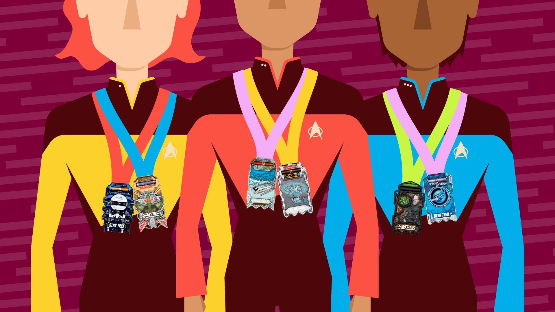 Three illustrated Starfleet officers each with two Conqueror Virtual Challenge medals worn around their necks