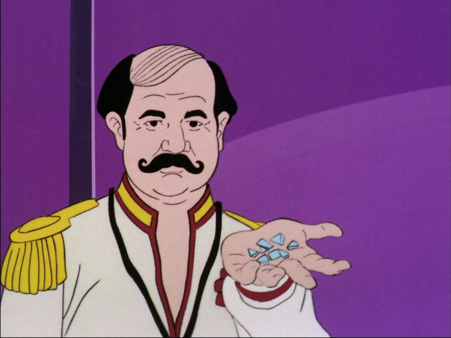 Close-up of Harry Mudd holding several shards of his illegal love crystals in his palm in 'Mudd's Passion'