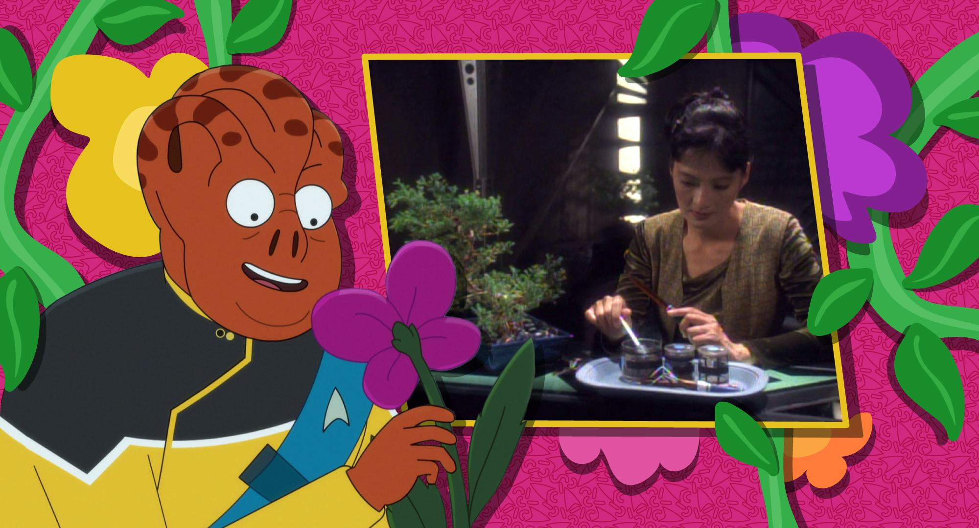 Kayshon smells a flower surrounded by other illustrations of flowers and foliage as well as an episodic still of Keiko O'Brien tending to her bonsai plant in 'The House of Quark'