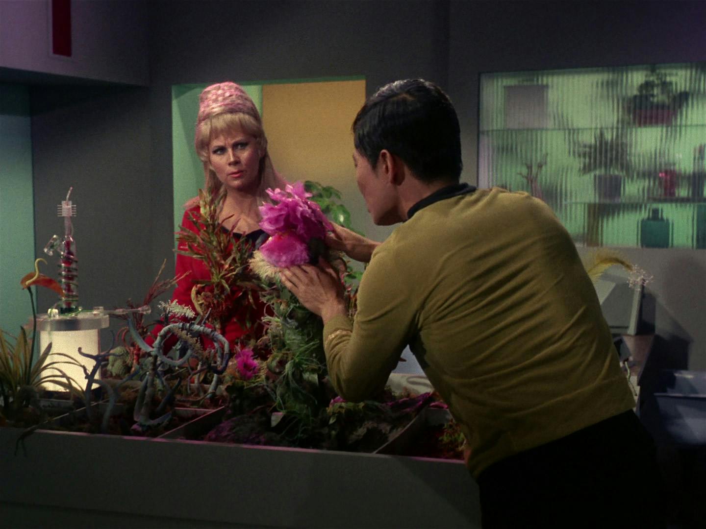 Janice Rand watches as Hikaru Sulu studies the Beauregard plant that he has named Gertrude in the botany section of the life sciences department in 'The Man Trap'