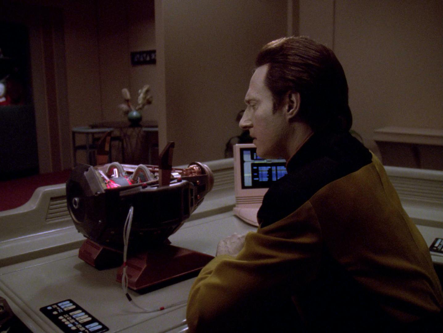 In a form of self-preservation motive, Data takes it upon himself to perform a level one diagnostic on the exocomp in his quarters in 'The Quality of Life'