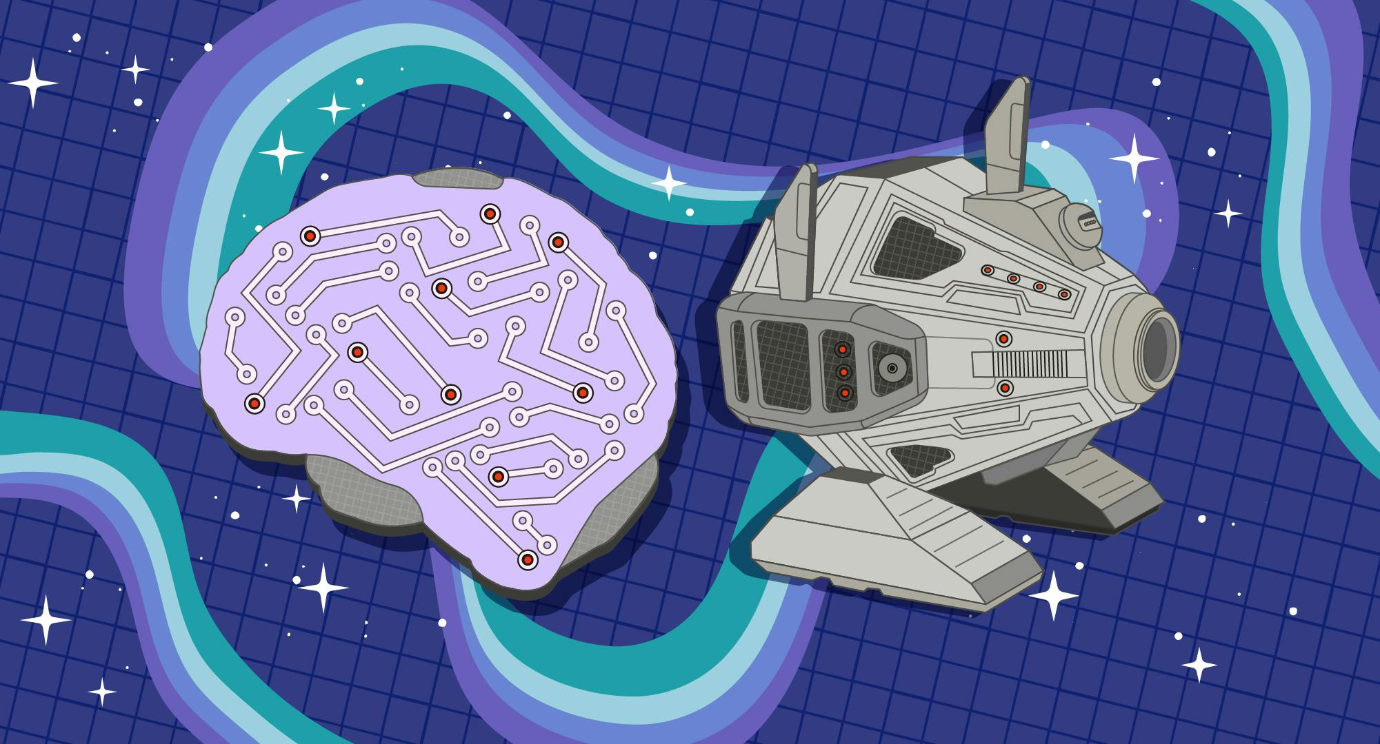 Illustration of an exocomp floating from a mechanical brain