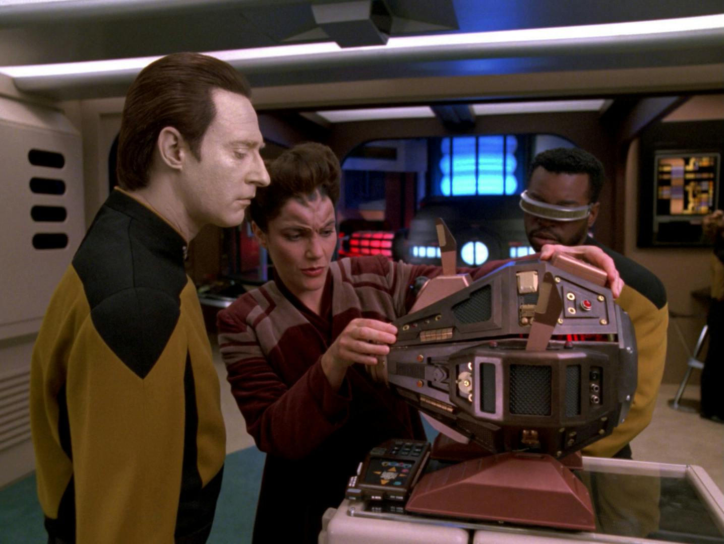 In engineering, Dr. Farallon explains to Geordi La Forge and Data how she created the exocomps in 'The Quality of Life'