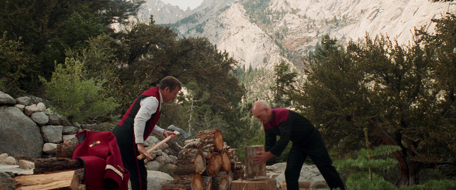 In the Nexus, Kirk returns to his uncle's farm in Idaho, Picard helps Kirk as he chops wood in Star Trek Generations