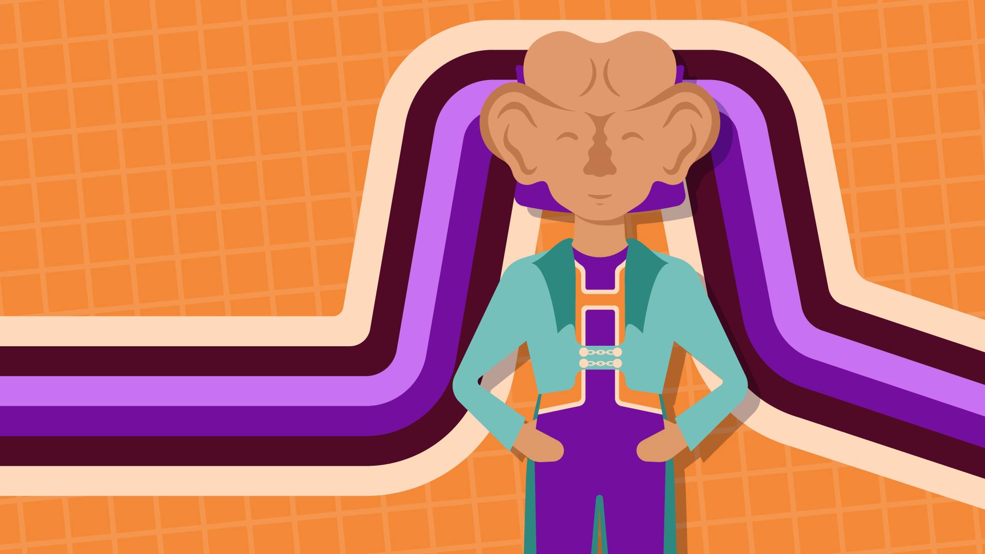 A dapper illustrated Quark smiles as he rests his hands on his hip against a striped background