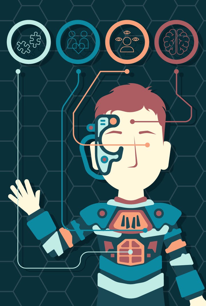 Graphic illustration rendering of Jack Crusher in his Borg suit with panels distinguishing his mental health trials, such as a brain, distorted vision, family, and disjointed puzzle pieces