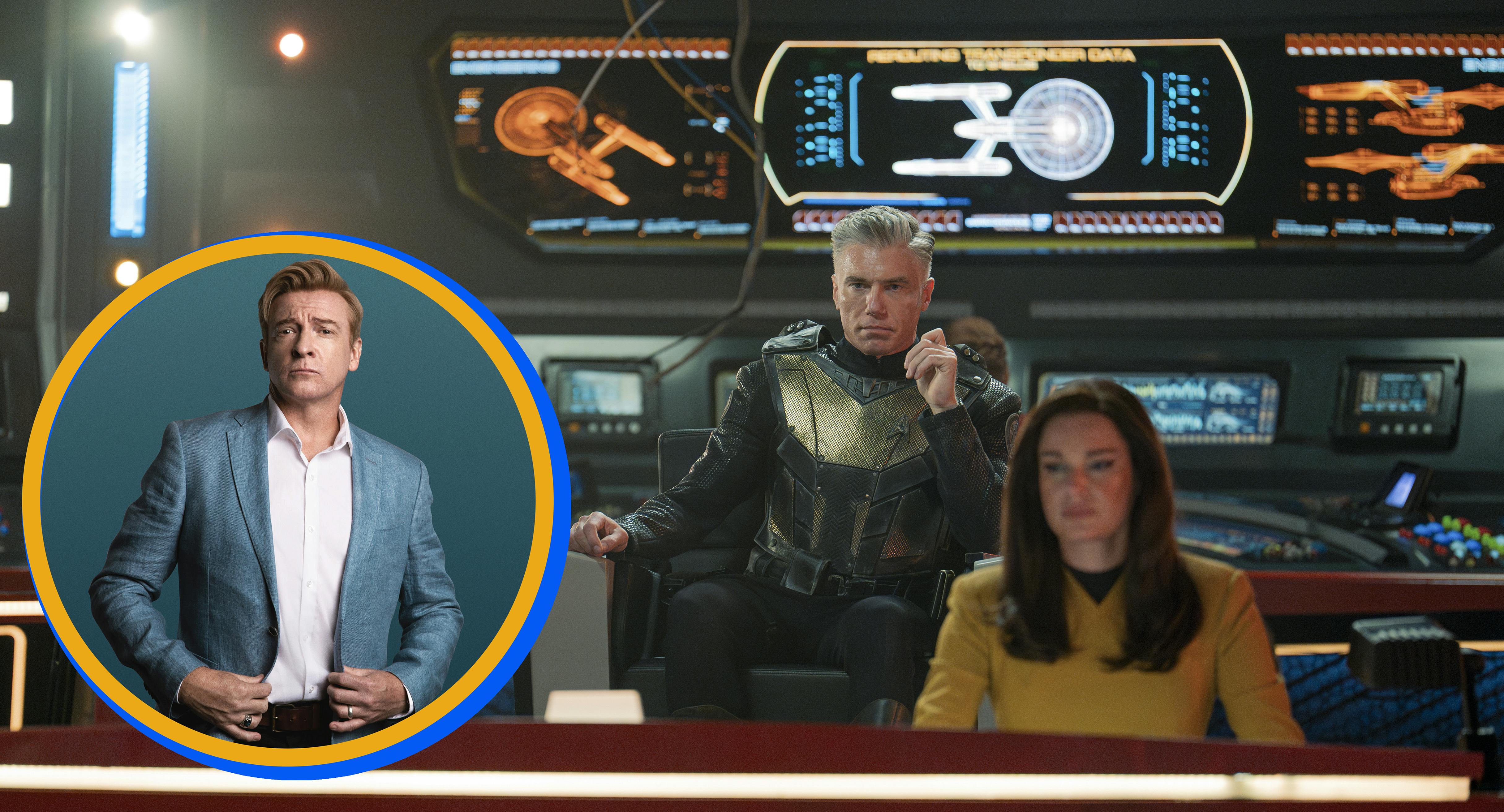 Episodic still of Pike in the captain's chair and Una Chin-Riley at her station along with a circular pop-out featuring Rhys Darby's headshot