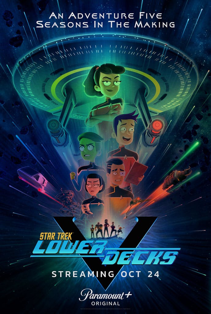 Star Trek: Lower Decks Season 5 key art vertical poster (foil variant) by Matt Ferguson with the Star Trek: Lower Decks title logo and text 'An adventure five seasons in the making'