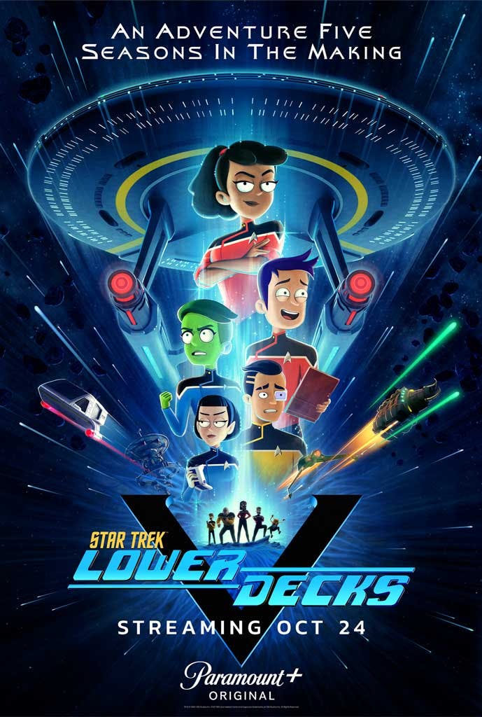 Star Trek: Lower Decks Season 5 key art vertical poster by Matt Ferguson with the Star Trek: Lower Decks title logo and text 'An adventure five seasons in the making'