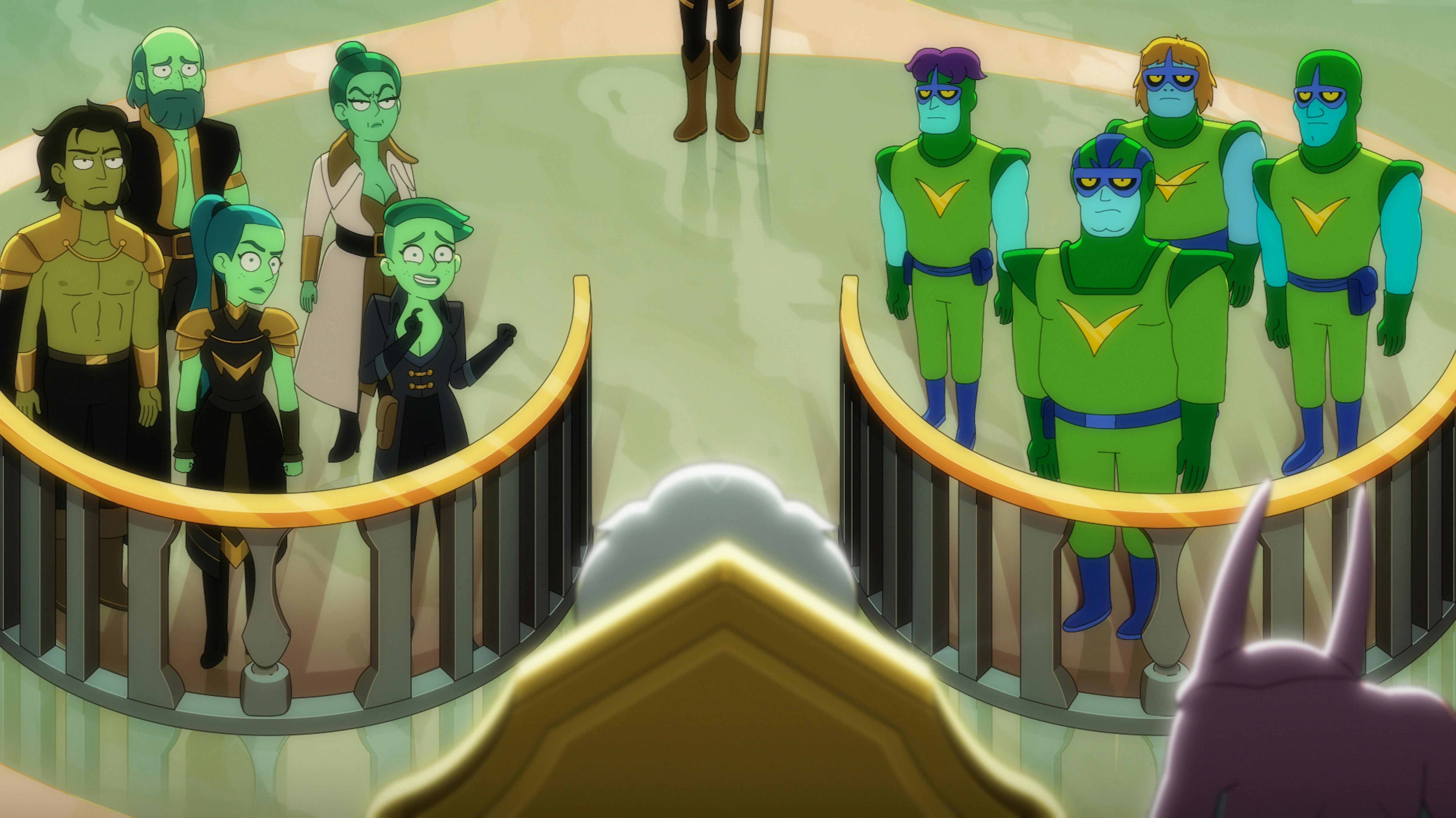 In front of the Orion Pirate Queen, Sabor, in her throne room, House Tendi stands together with House Azure standing together on the other side in 'Shades of Green'