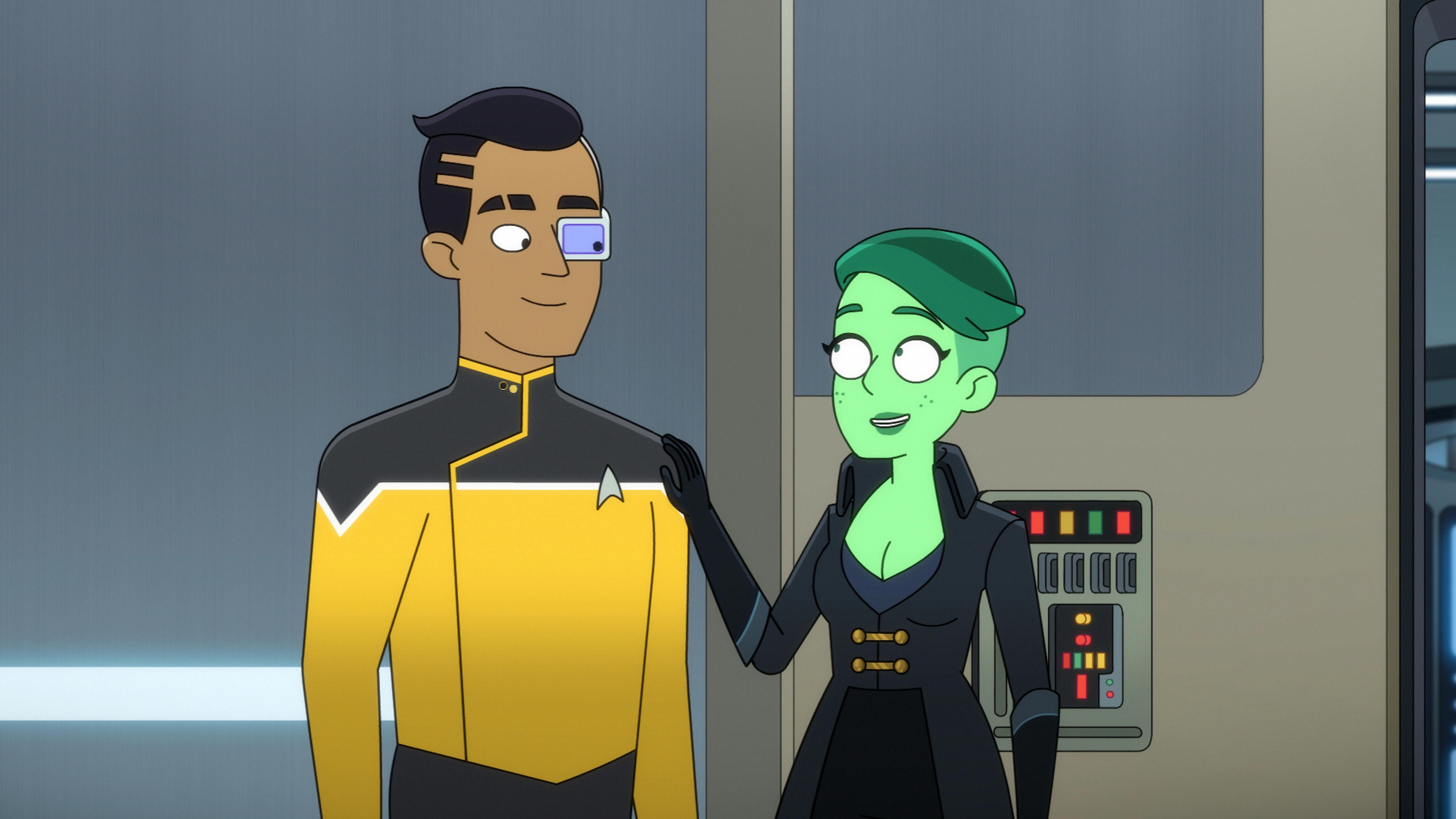 Tendi, in her Orion pirate outfit, returns to the Cerritos and reunites with Rutherford as she places a hand on his shoulder in 'Shades of Green'