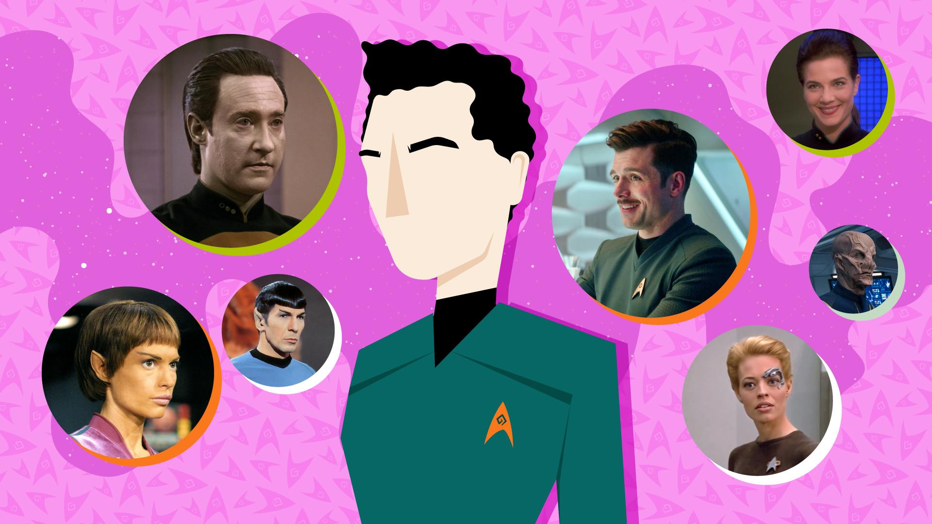 Graphic illustration of a Starfleet science officer surrounded by episodic stills of T'Pol, Data, Spock, Sam Kirk, Seven of Nine, Saru, and Jadzia Dax