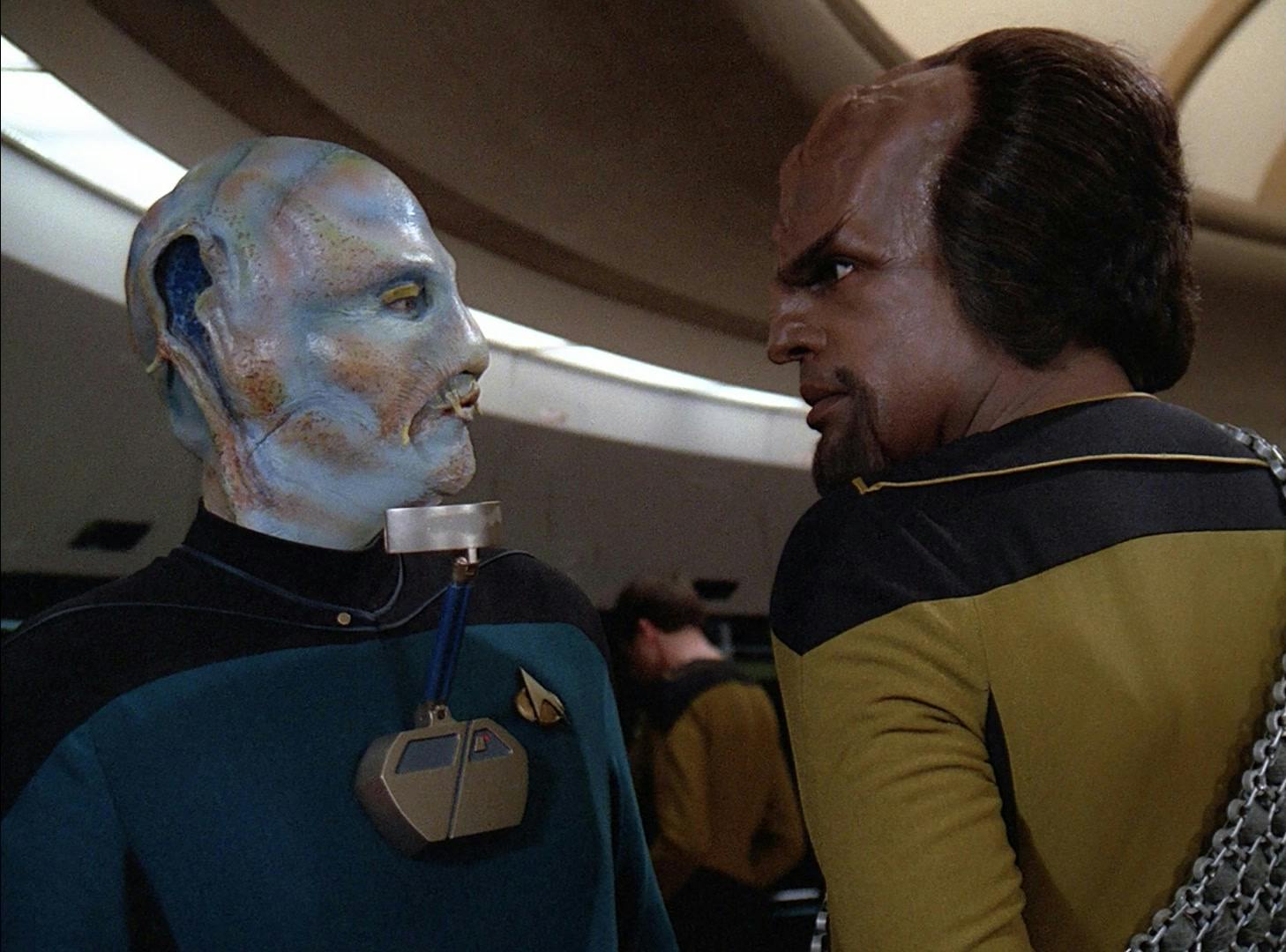 Mendon liaises with Starfleet as he faces Worf on the Enterprise-D bridge in 'A Matter of Honor'