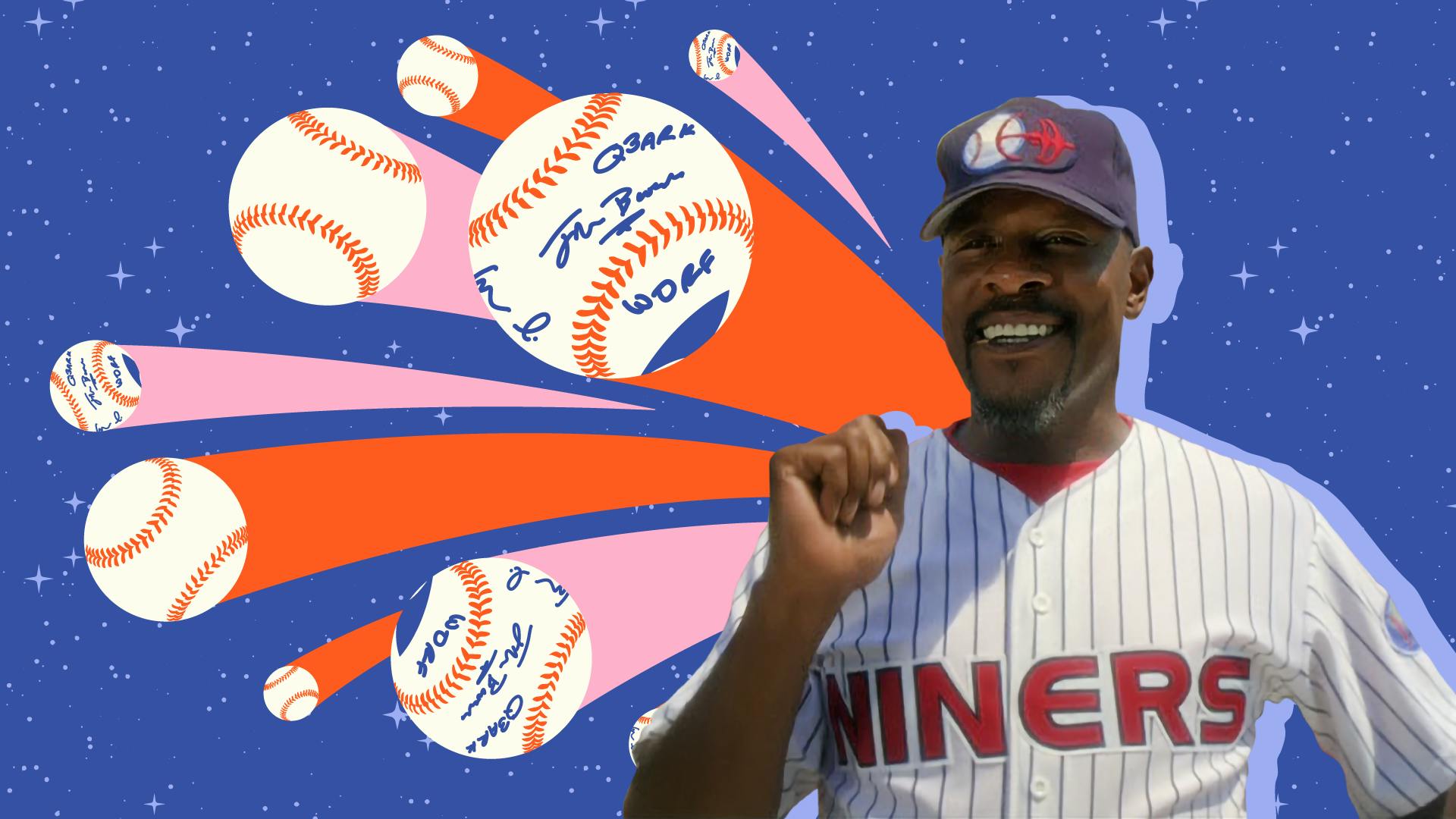 Graphic illustration of Ben Sisko in his Niners uniform with several baseballs flying behind him