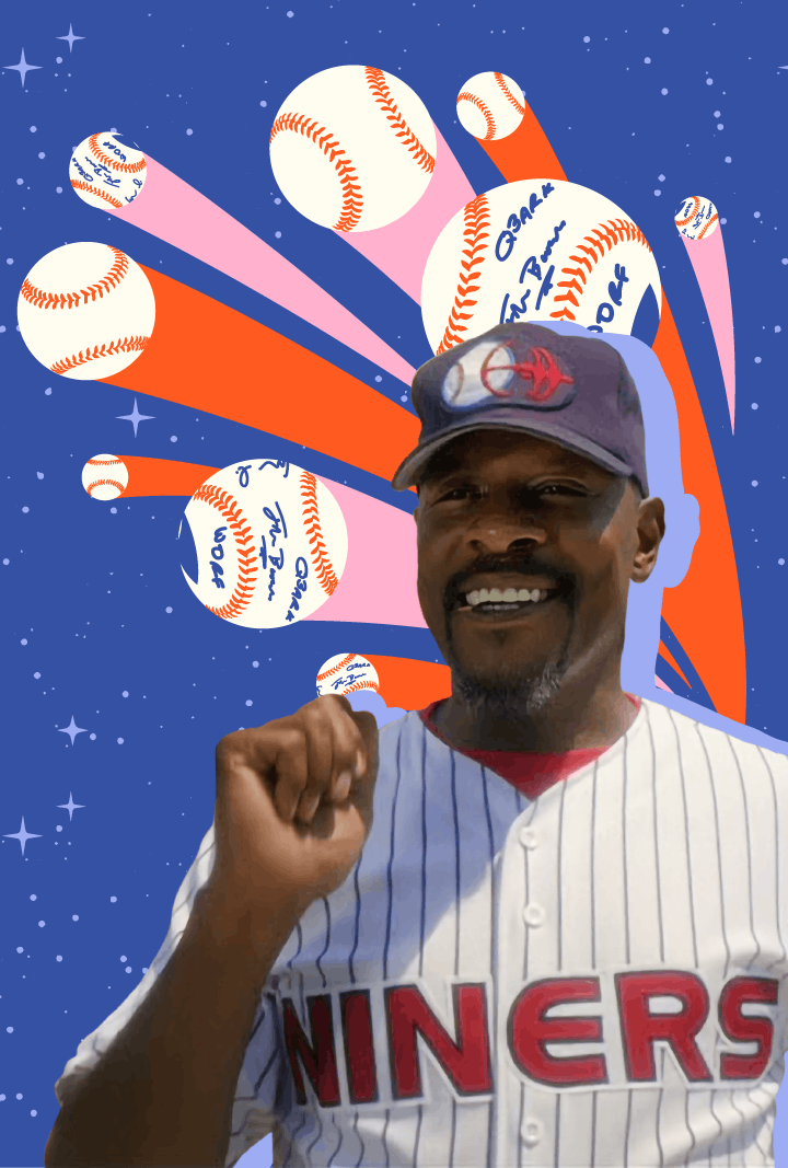 Graphic illustration of Ben Sisko in his Niners uniform with several baseballs flying behind him