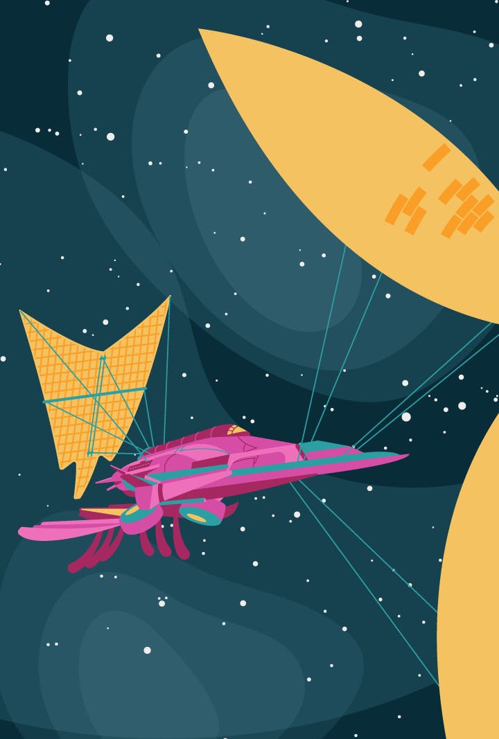 Graphic illustration of a pink ship with solar sails attached to its front and back