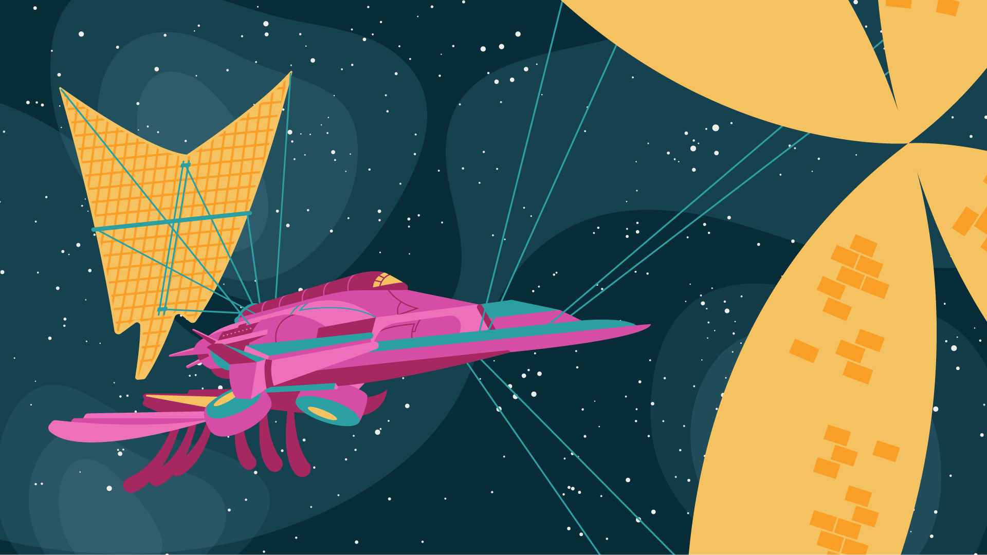 Graphic illustration of a pink ship with solar sails attached to its front and back