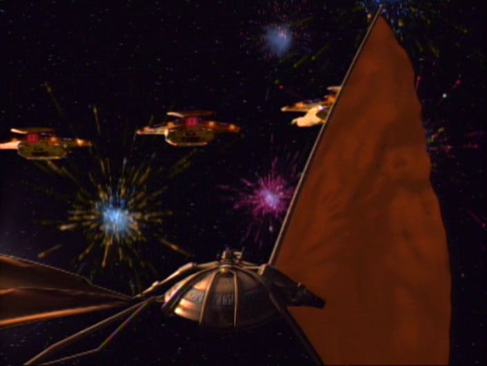 The Cardassians 'celebrate' the Sisko's lightship arrival with fireworks in 'Explorers'