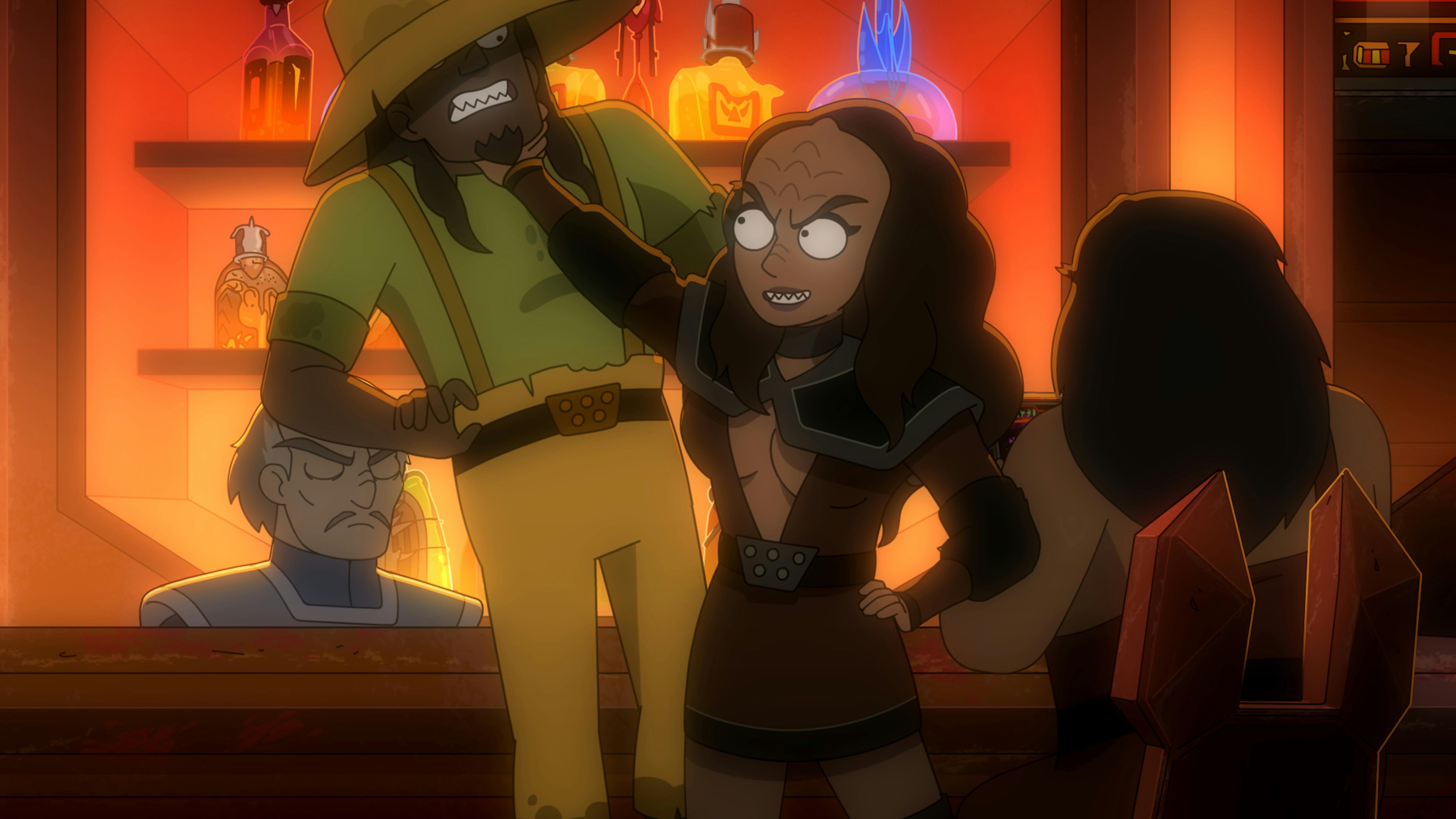 In a Klingon dive bar, K'Elarra flirty lifts Ma'ah up by his neck in 'A Farewell to Farms'