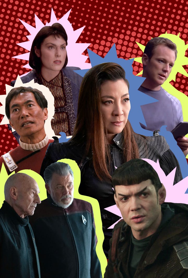 Collage of episodic stills featuring Ro Laren, Sulu, Philippa Georgiou, Tom Paris, Jean-Luc Picard, Will Riker, and Spock