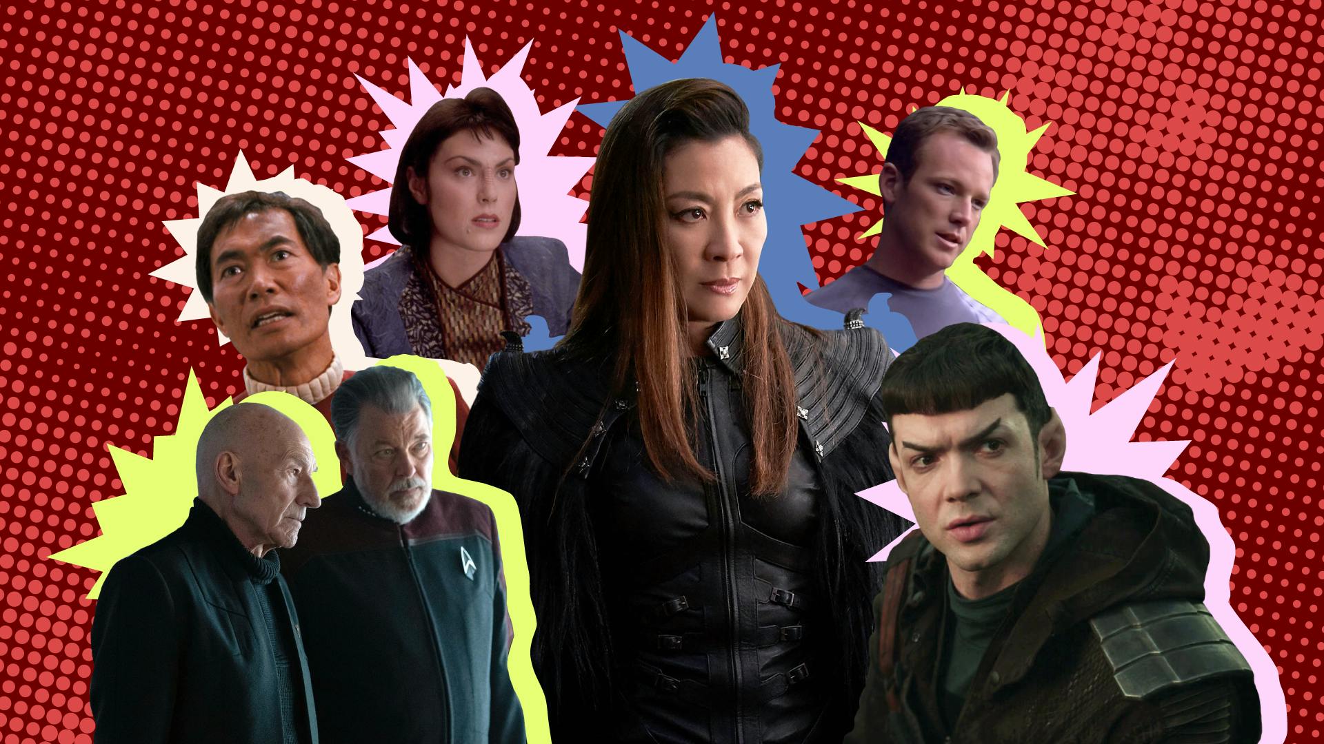 Collage of episodic stills featuring Ro Laren, Sulu, Philippa Georgiou, Tom Paris, Jean-Luc Picard, Will Riker, and Spock