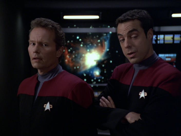 Captain Ransom betrays Starfleet out of desperation as he stands next to First Officer Burke who subsequently mutinies after Ransom surrenders in 'Equinox'