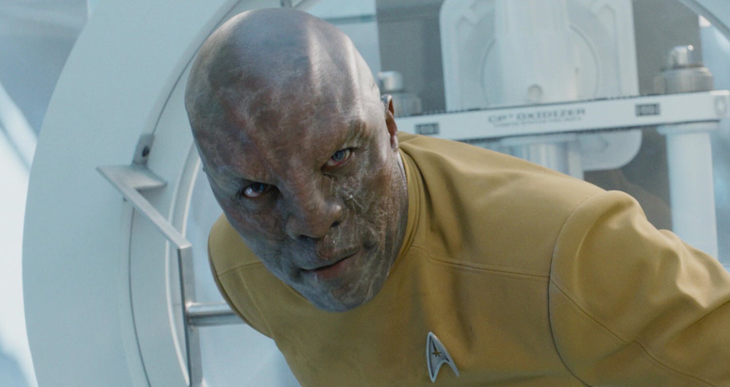 Close-up of Edison in his Starfleet uniform as he plots his revenge in Star Trek Beyond