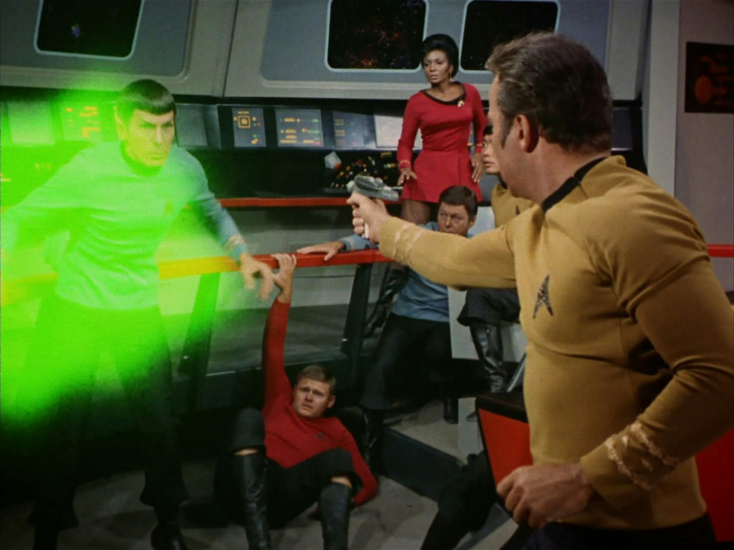 The non-corporeal Medusan Ambassador Kollos' native appearance causes Spock to be stunned and aggressive forcing Kirk to stun him with a phaser in 'Is There in Truth No Beauty?'