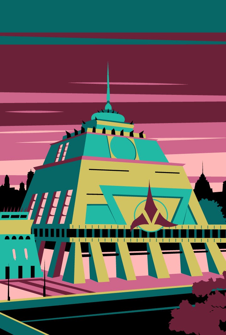 Graphic illustration of the Klingon High Council building on Qo'nos