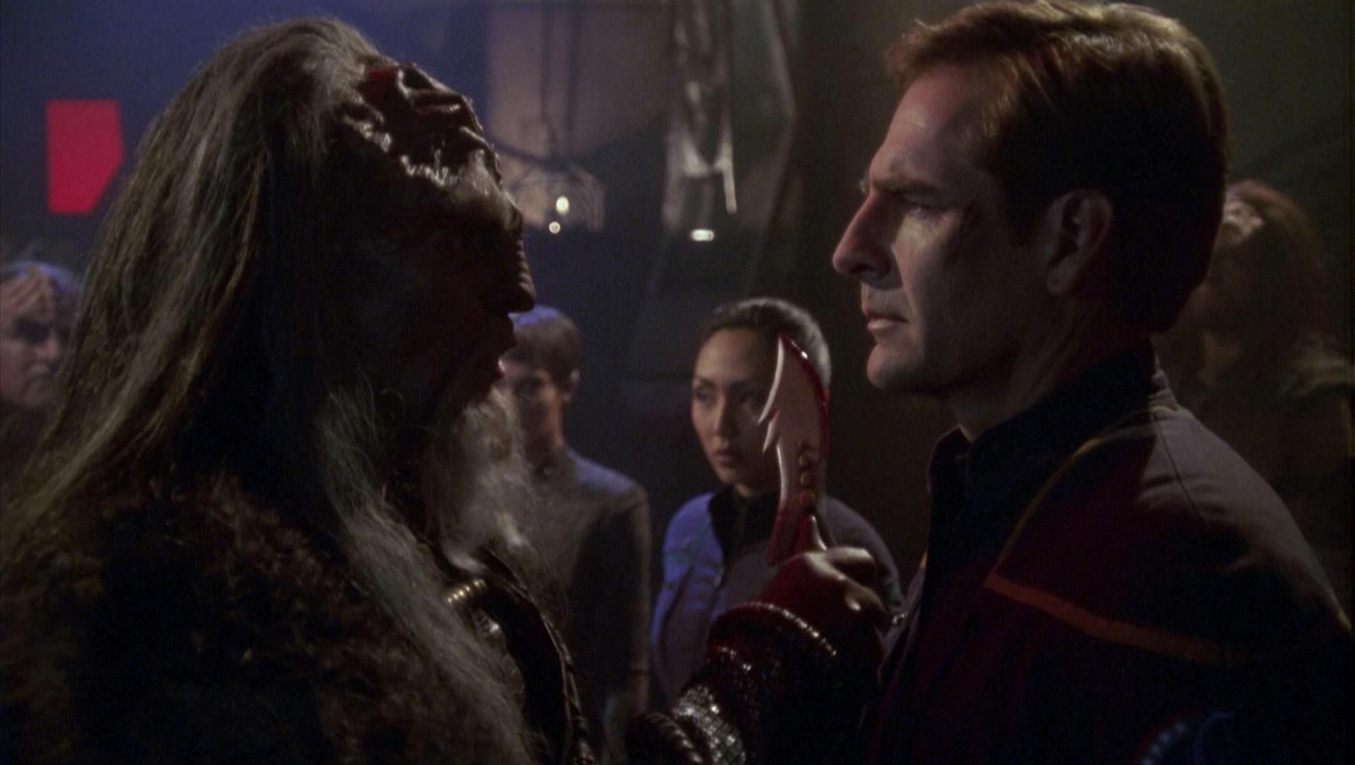 The Klingon Chancellor stands face to face with Captain Archer on his first arrival to Qo'noS in 'Broken Bow'