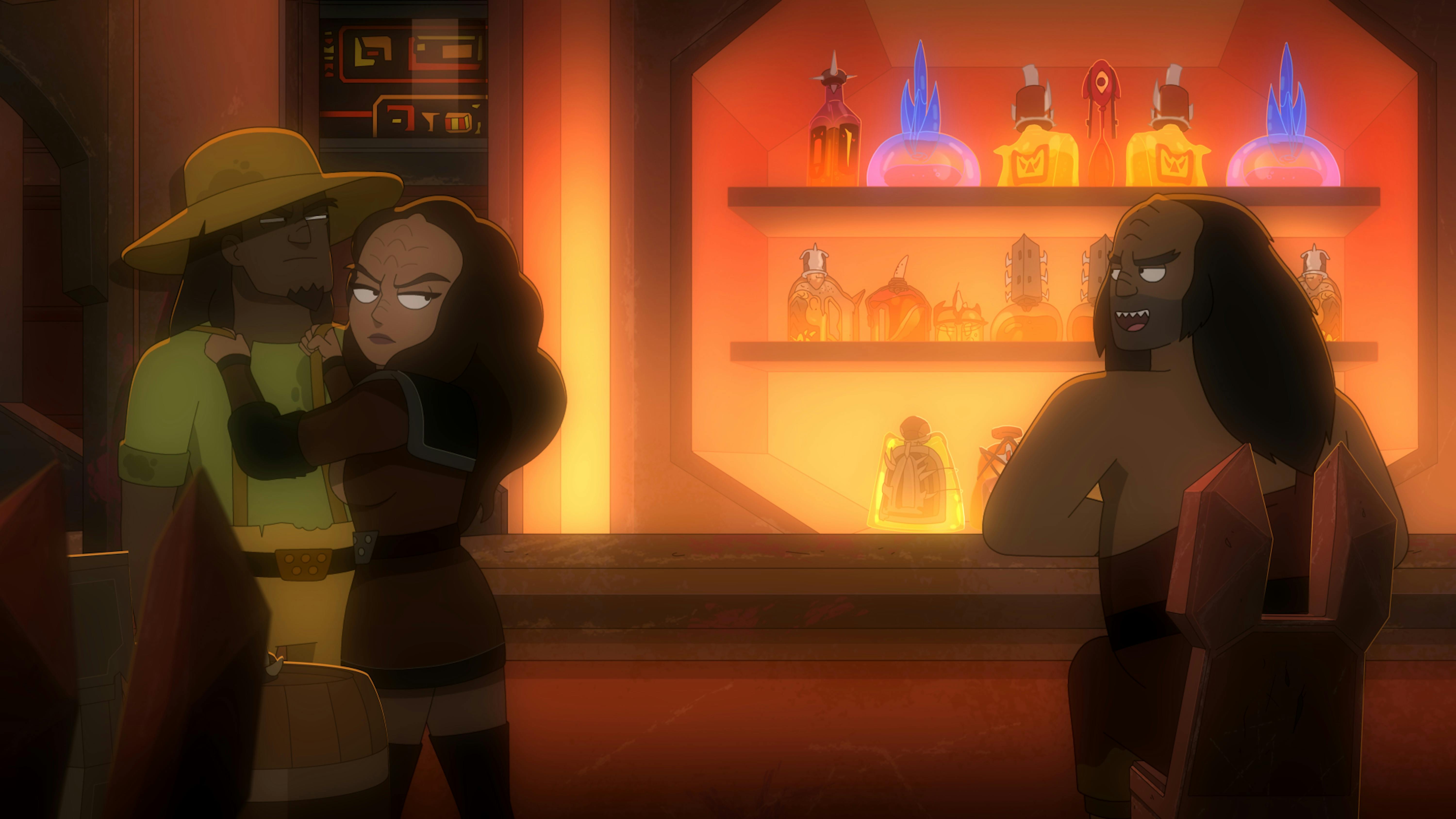 Ma'ah and K'Elarra side-eye Ma'ah's brother Malor across the Klingon dive bar in 'A Farewell to Farms'