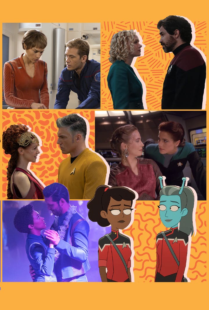 Collage of Star Trek's star-crossed romances featuring episodic stills of T'Pol and Trip Tucker, Christopher Pike and Alora, Jadzia Dax and Lenara Kahn, Cristobal Rios and Agnes Jurati, Michael Burnham and Ash Tyler, and Mariner and Jennifer