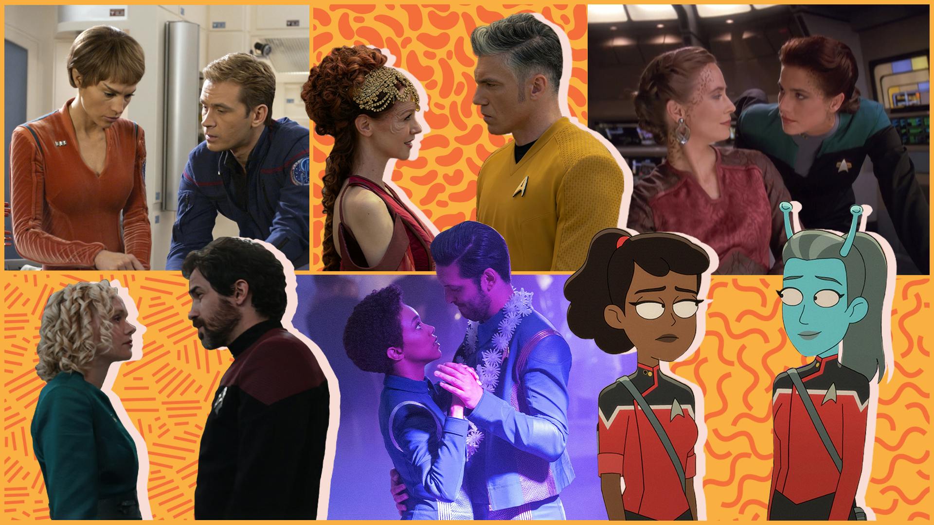 Collage of Star Trek's star-crossed romances featuring episodic stills of T'Pol and Trip Tucker, Christopher Pike and Alora, Jadzia Dax and Lenara Kahn, Cristobal Rios and Agnes Jurati, Michael Burnham and Ash Tyler, and Mariner and Jennifer