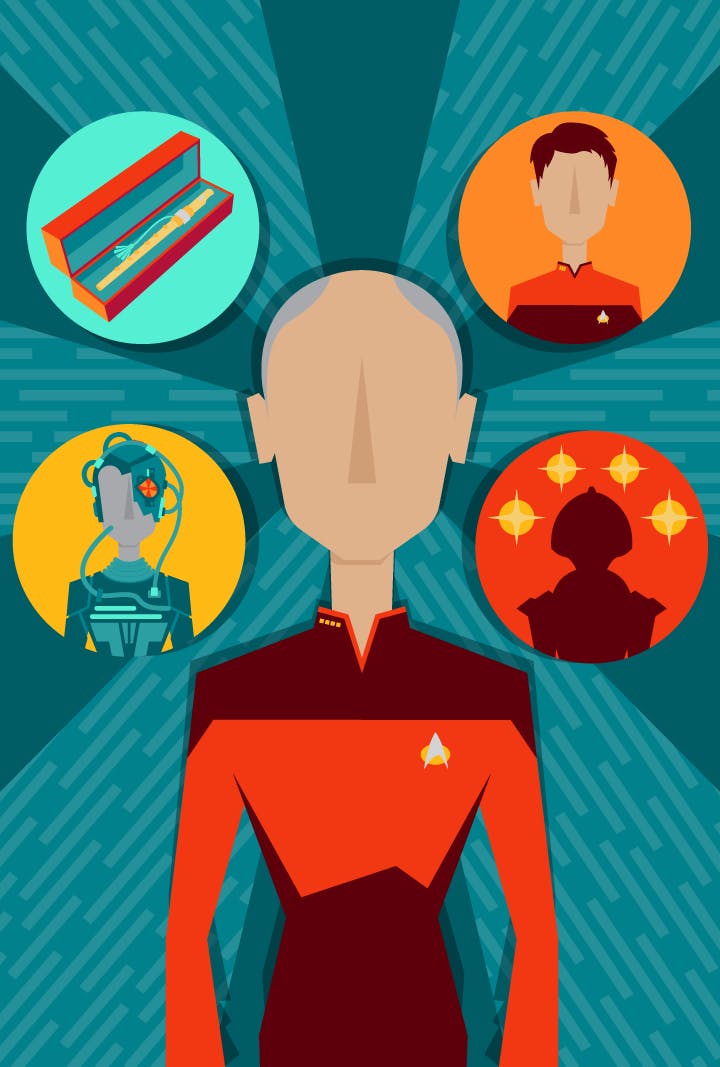 Graphic illustration of Captain Jean-Luc Picard surrounded by inset illustrations of Locutus of Borg, his Ressikan flute, Wesley Crusher, and his Cardassian captor haloed by four lights