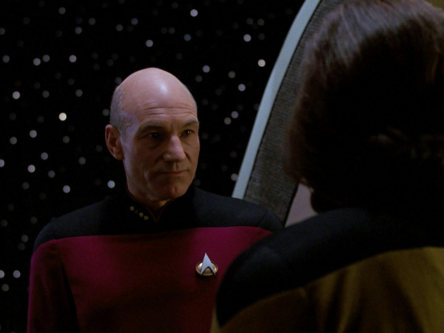 Jean-Luc Picard addresses Worf in the Observation Lounge in 'The Drumhead'