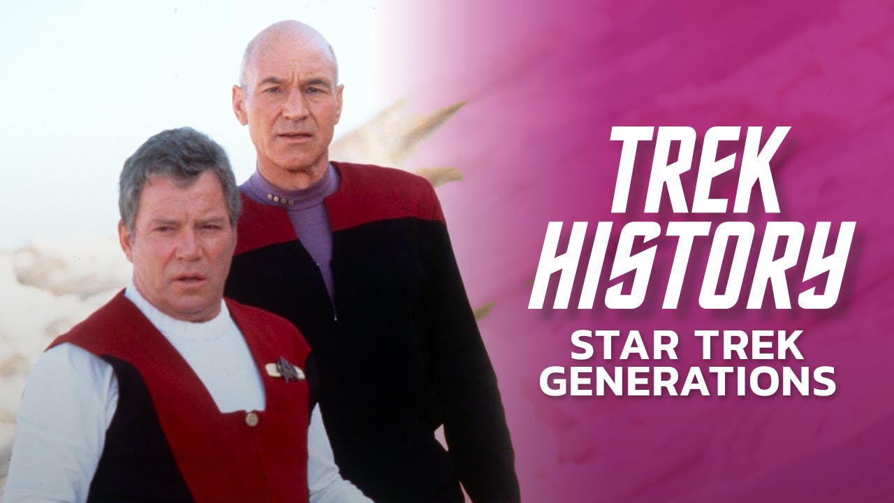 Picard stands behind Kirk with the text 'Trek History Star Trek Generations'