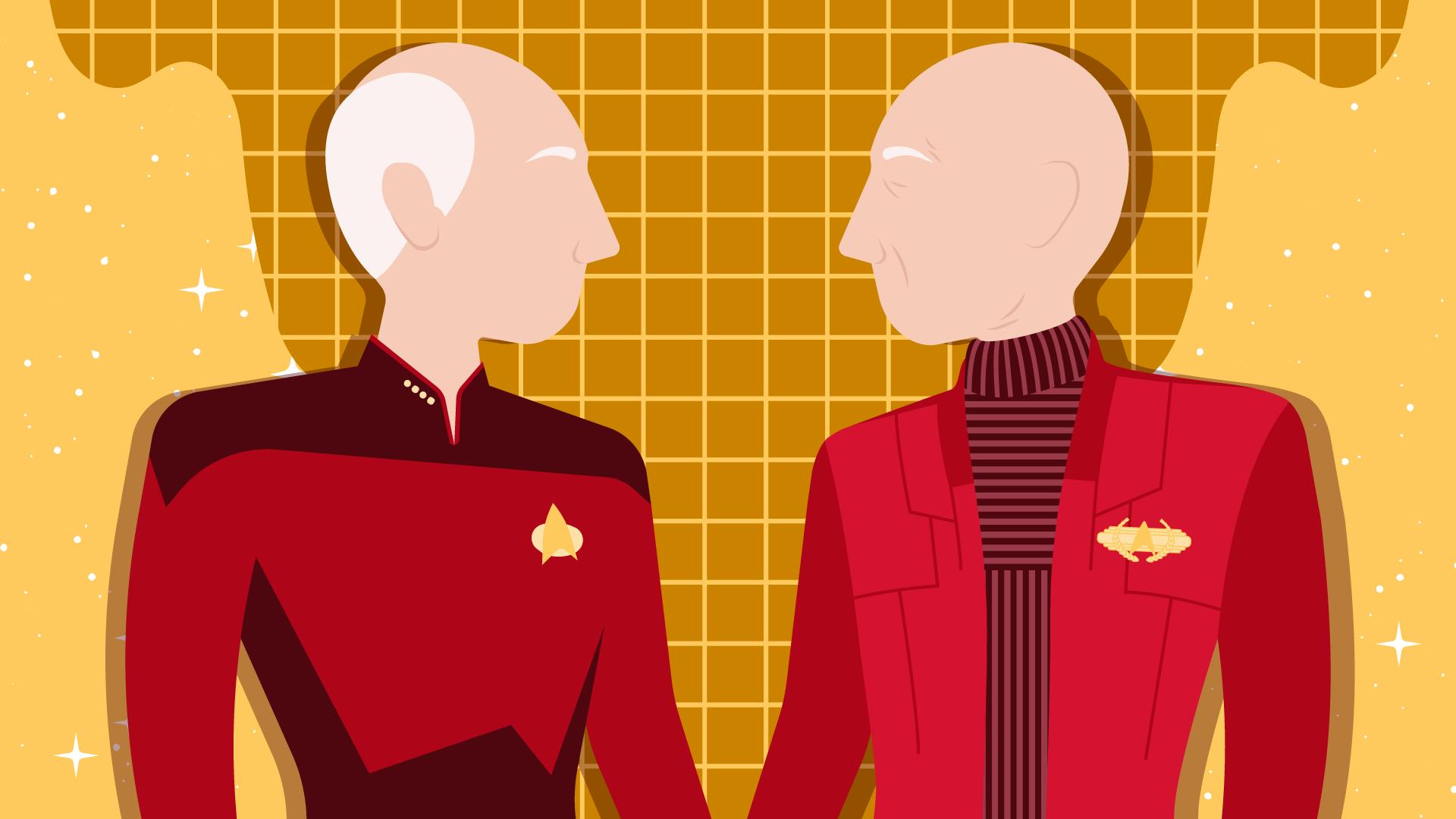 Graphic illustration of Next Generation Picard facing Generations Picard