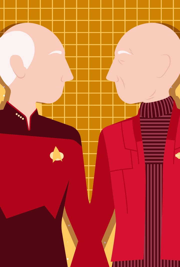 Graphic illustration of Next Generation Picard facing Generations Picard