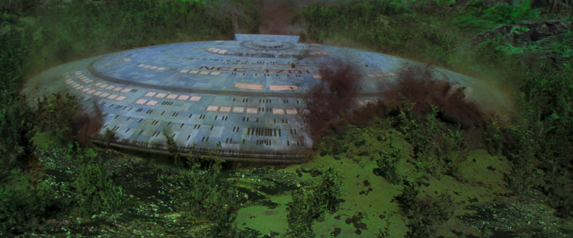 The saucer of the Enterprise-D's crash landing on the surface of Veridian III in 'Star Trek Generations'