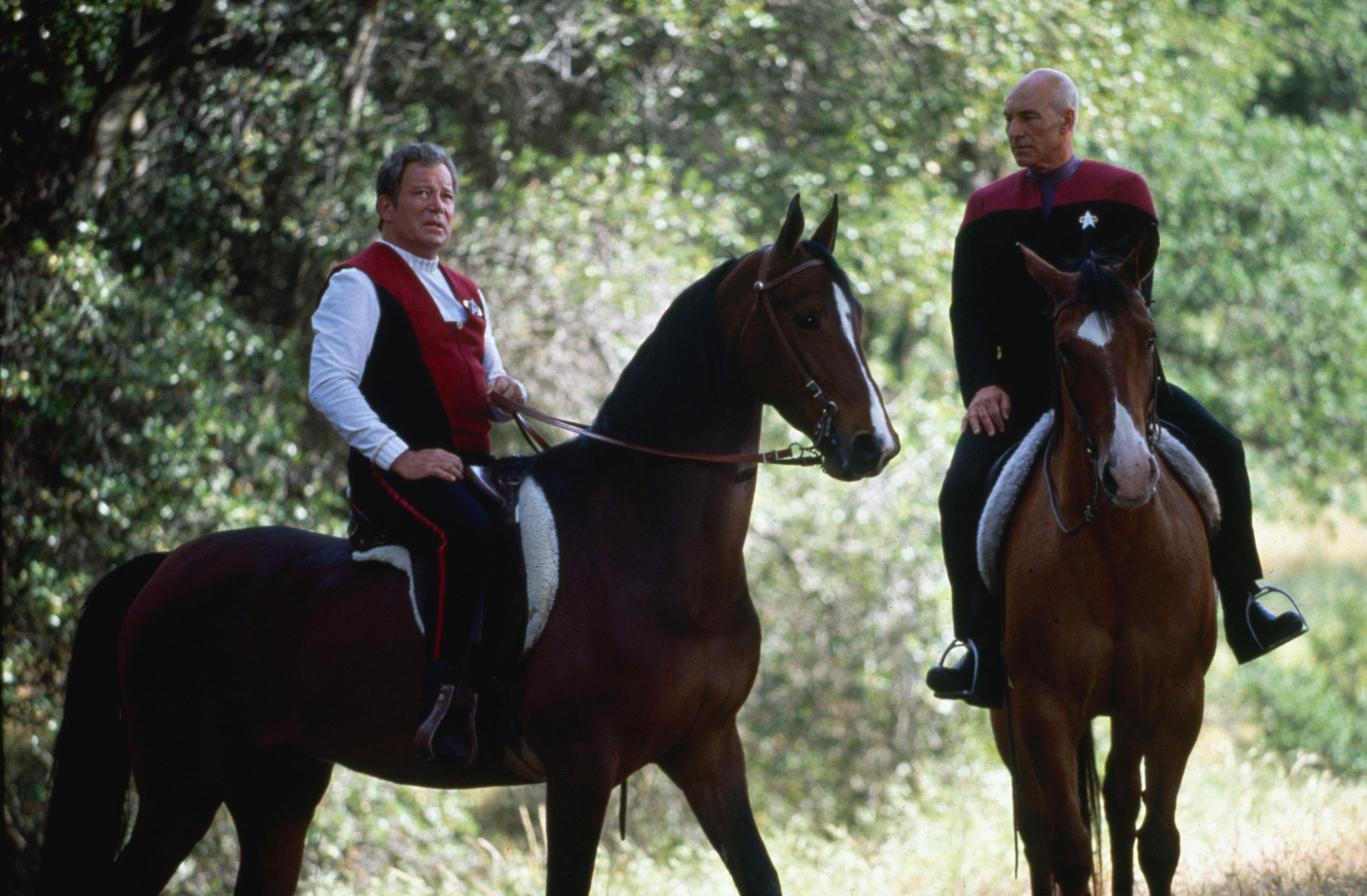 Captains Kirk and Picard ride horses as the former offers him advice in 'Star Trek Generations'