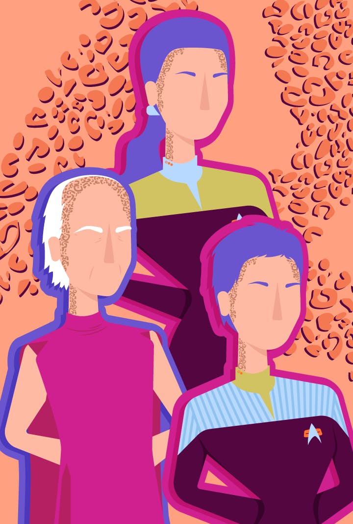 Graphic illustration of Jadzia Dax, Curzon Dax, and Ezri Dax