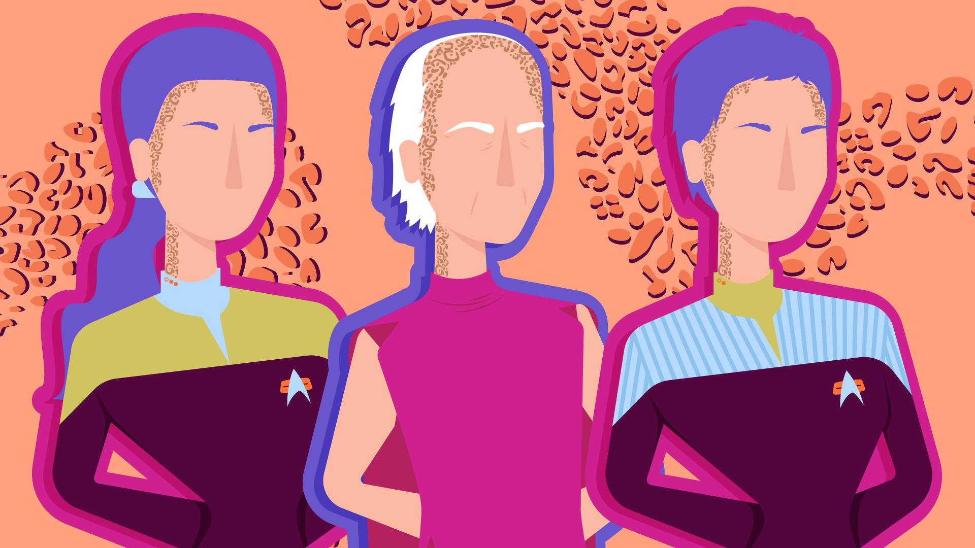 Graphic illustration of Jadzia Dax, Curzon Dax, and Ezri Dax