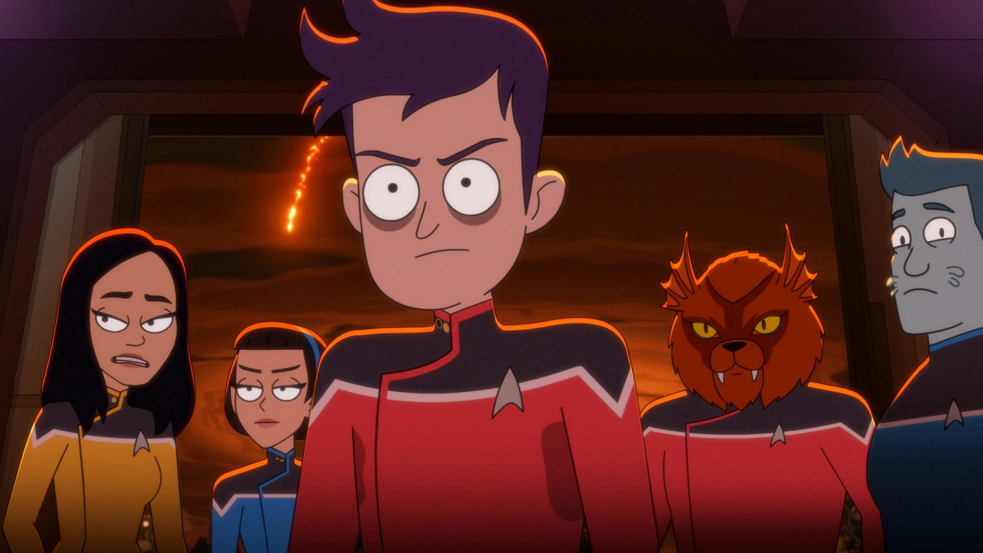 A sweaty and exhausted Boimler with major bags under his eyes stands in front of his away mission crew and T'Lyn on Corazonia in 'In the Cradle of Vexilon'