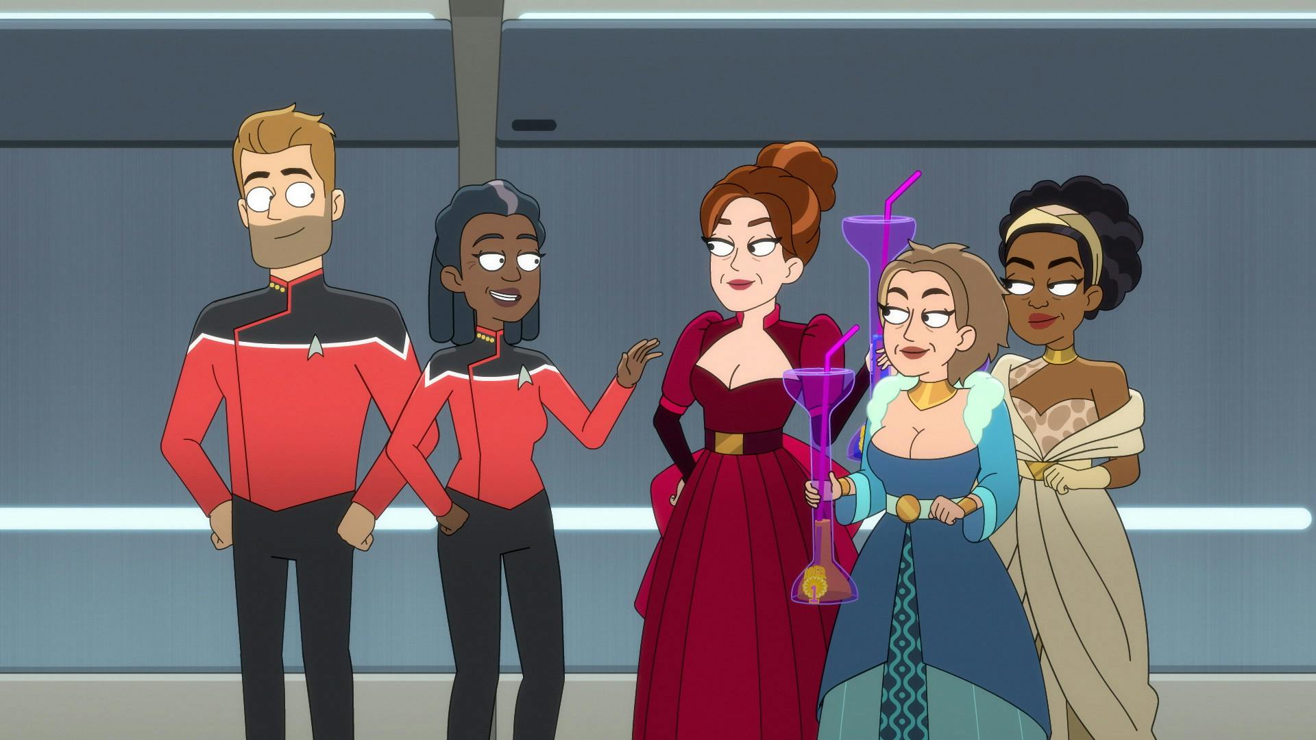 Ransom and Captain Freeman lead their three Betazoid guests Dolorex, Cathiw, and Katrot around the Cerritos as they drink from giant cocktail glasses in 'Empathalogical Fallacies'