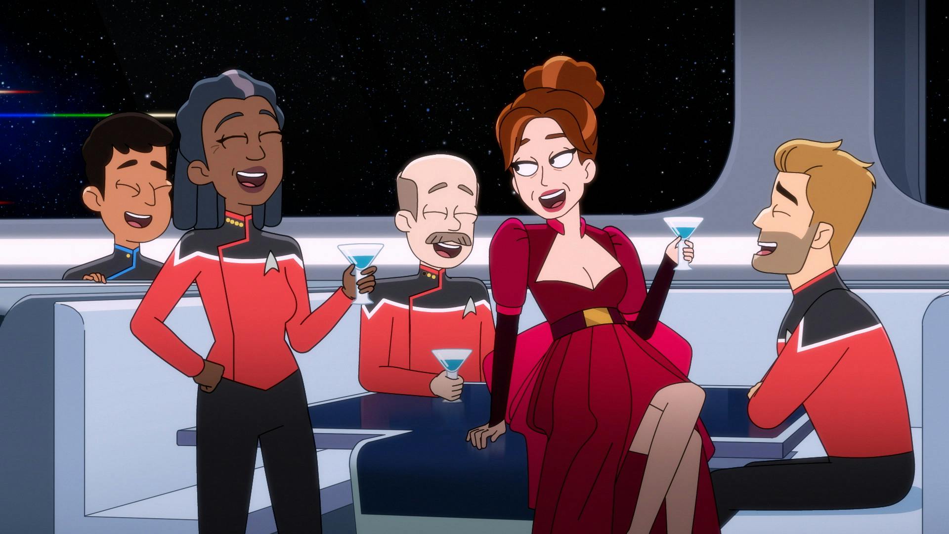 At a booth in the Cerritos' mess with Steve Stevens and Jack Ransom, Dolorex sits on top of their table, legs crossed, looking over a jovial Captain Freeman who stands with a glass in hand in 'Empathalogical Fallacies'