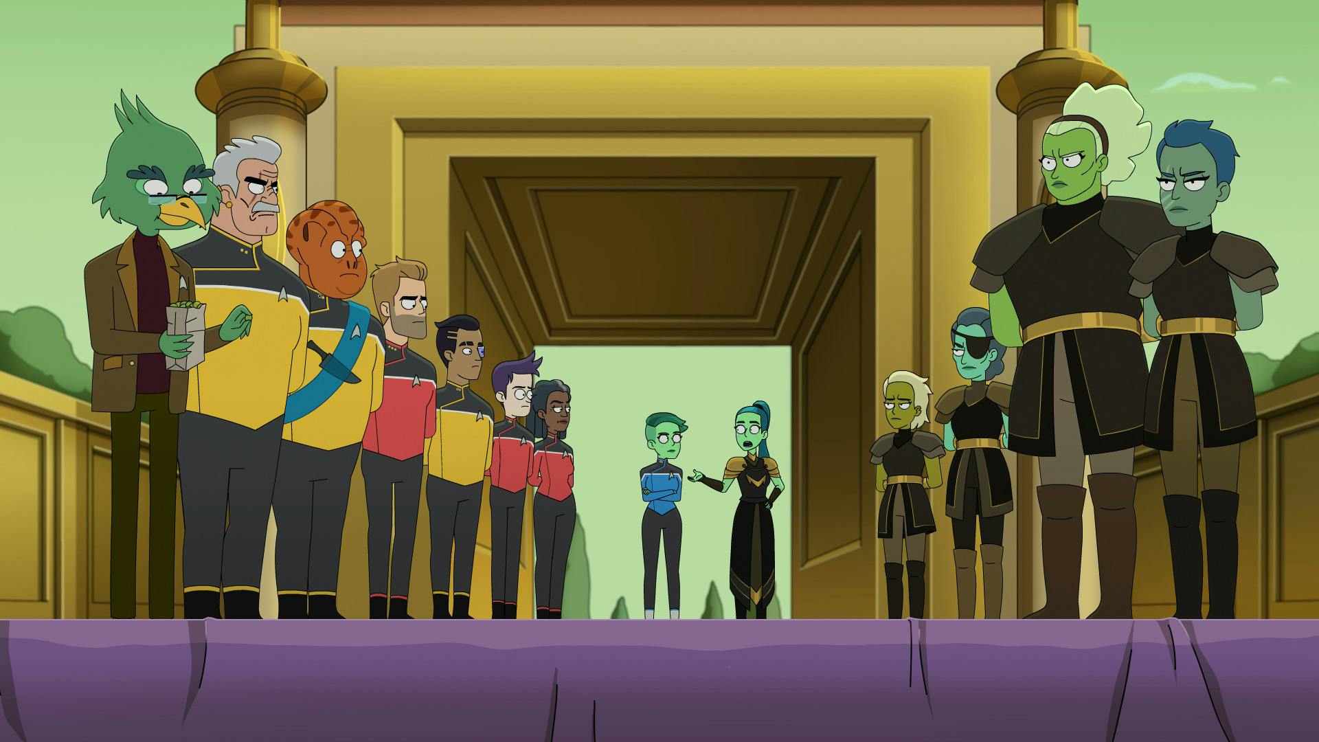 At the Orion battle arena, the Cerritos crew Migleemo, Shaxs, Ransom, Rutherford, Boimler, and Captain Freeman look over at D'Vana Tendi as D'Erika's Orion guards stare down their unwelcomed guests in 'Old Friends, New Planets'